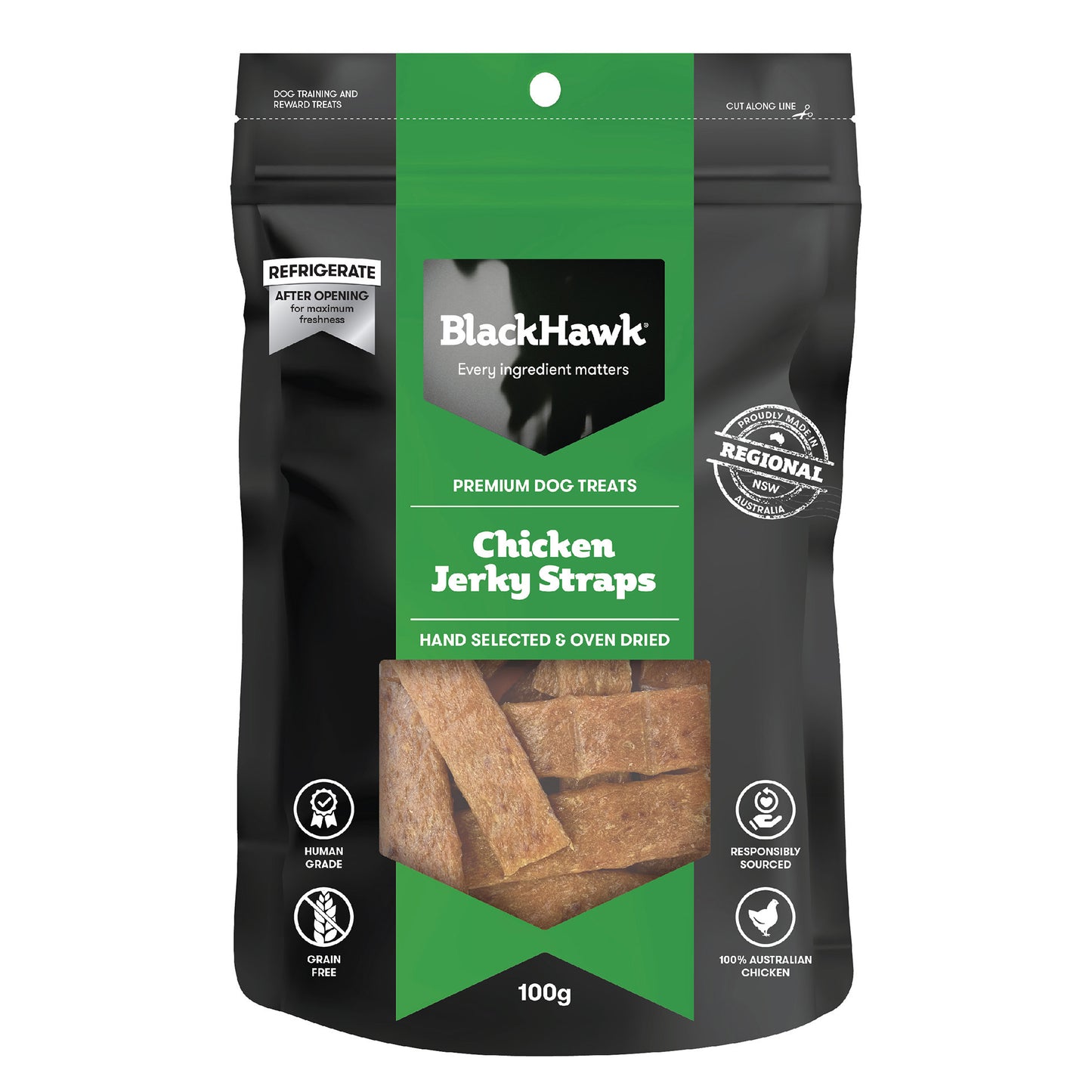 BLACK HAWK CHICKEN STRAPS DOG TREATS 100G