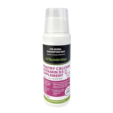 Bainbridge Poultry Calcium and Vitamin D3 supplement bottle on a white background