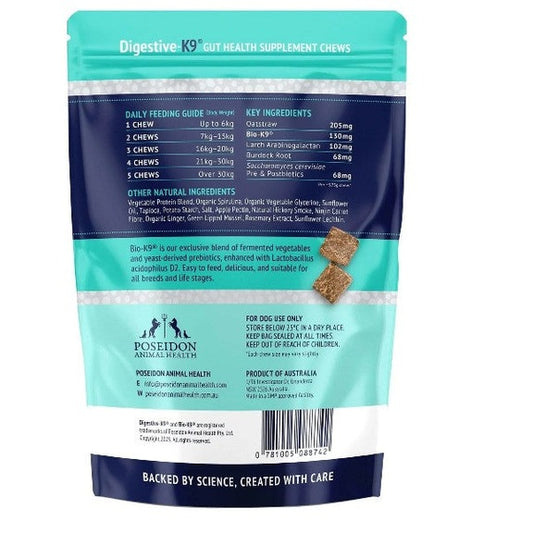 Back view of a package of Digestive K9 Gut Health Supplement Chews with text and branding.