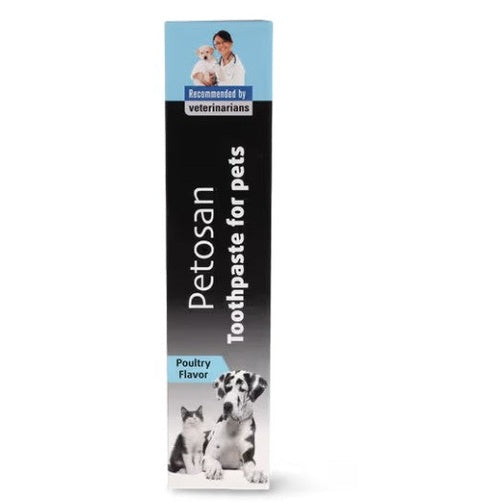 Petosan toothpaste for pets packaging with images of a dog, cat, and person holding a dog.