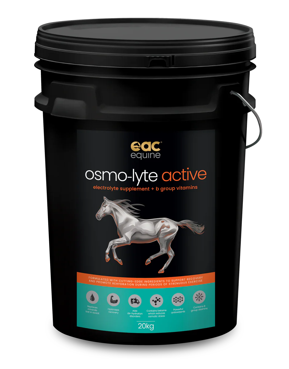 Black bucket of EAC Equine Osmo-Lyte Active supplement with a horse illustration on a white background