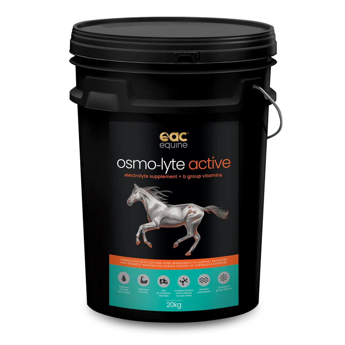 Black bucket of EAC Equine Osmo-Lyte Active supplement with a horse illustration on a white background
