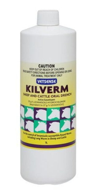 Kilverm sheep and cattle oral drench bottle with yellow label on a white background