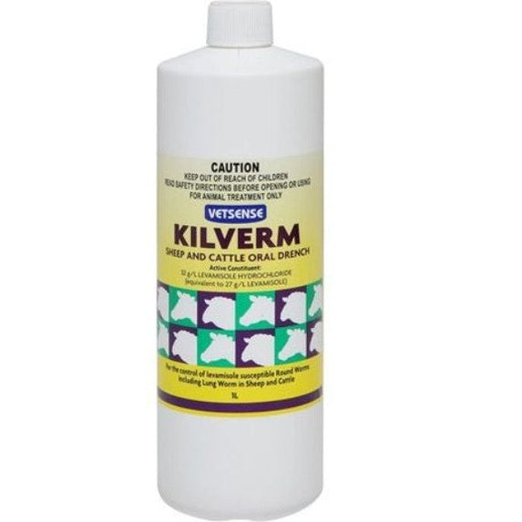 Kilverm sheep and cattle oral drench bottle with yellow label on a white background