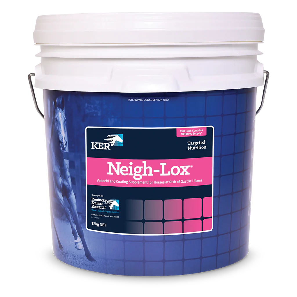 Bucket of Neigh-Lox supplement with KER branding on a white background
