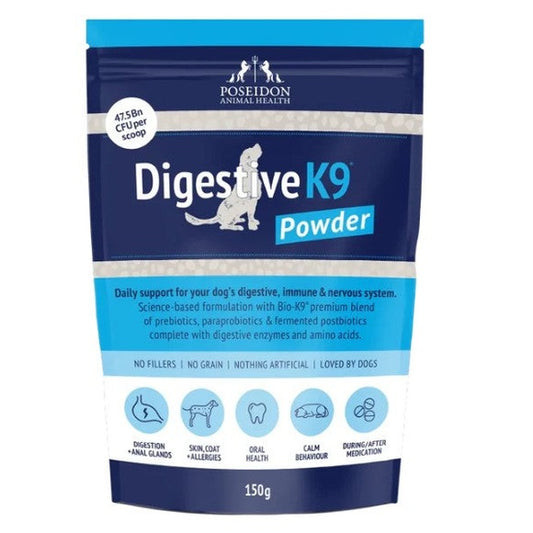 Package of Poseidon Animal Health Digestive K9 Powder on a white background