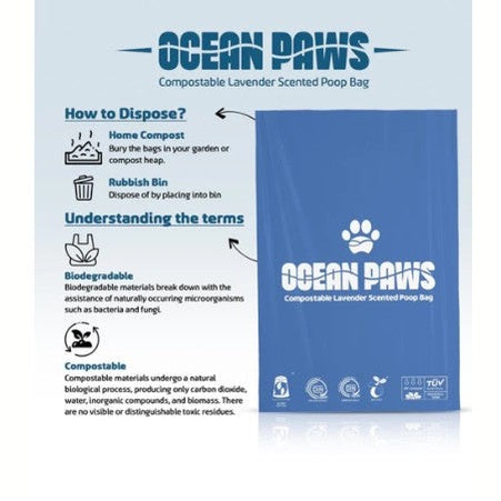 Ocean Paws compostable lavender scented poop bag packaging with disposal instructions and product details.