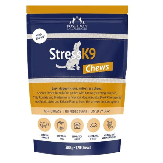 Package of Stress K9 Chews for dogs by Poseidon Animal Health on a white background