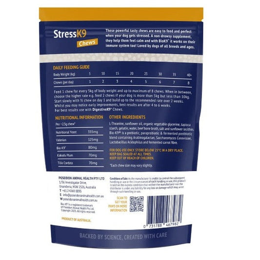 Back of a package for StressK9 Chews with feeding guidelines and nutritional information.