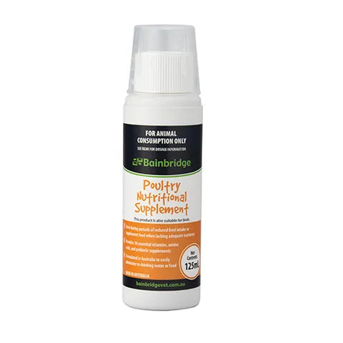 Bottle of poultry nutritional supplement with label on a white background