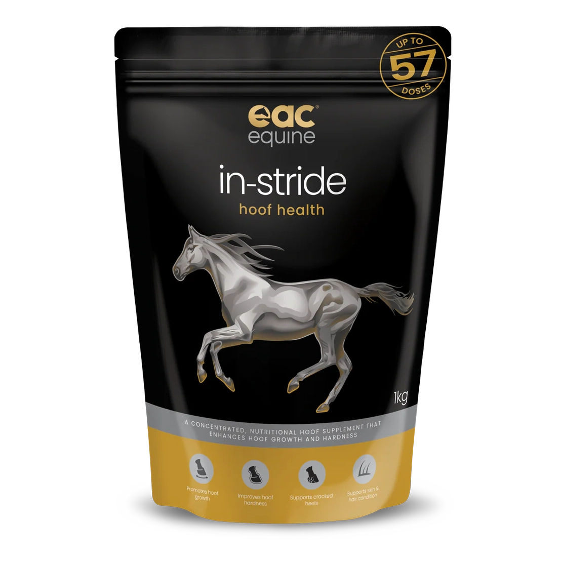 EAC Equine in-stride hoof health supplement packaging with a horse illustration on a black and yellow background.