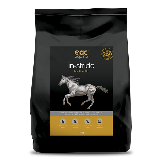 Bag of EAC Equine in-stride hoof health supplement with a horse illustration on a black background