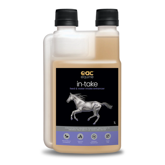 Two bottles of QAC Equine In-Take on a white background