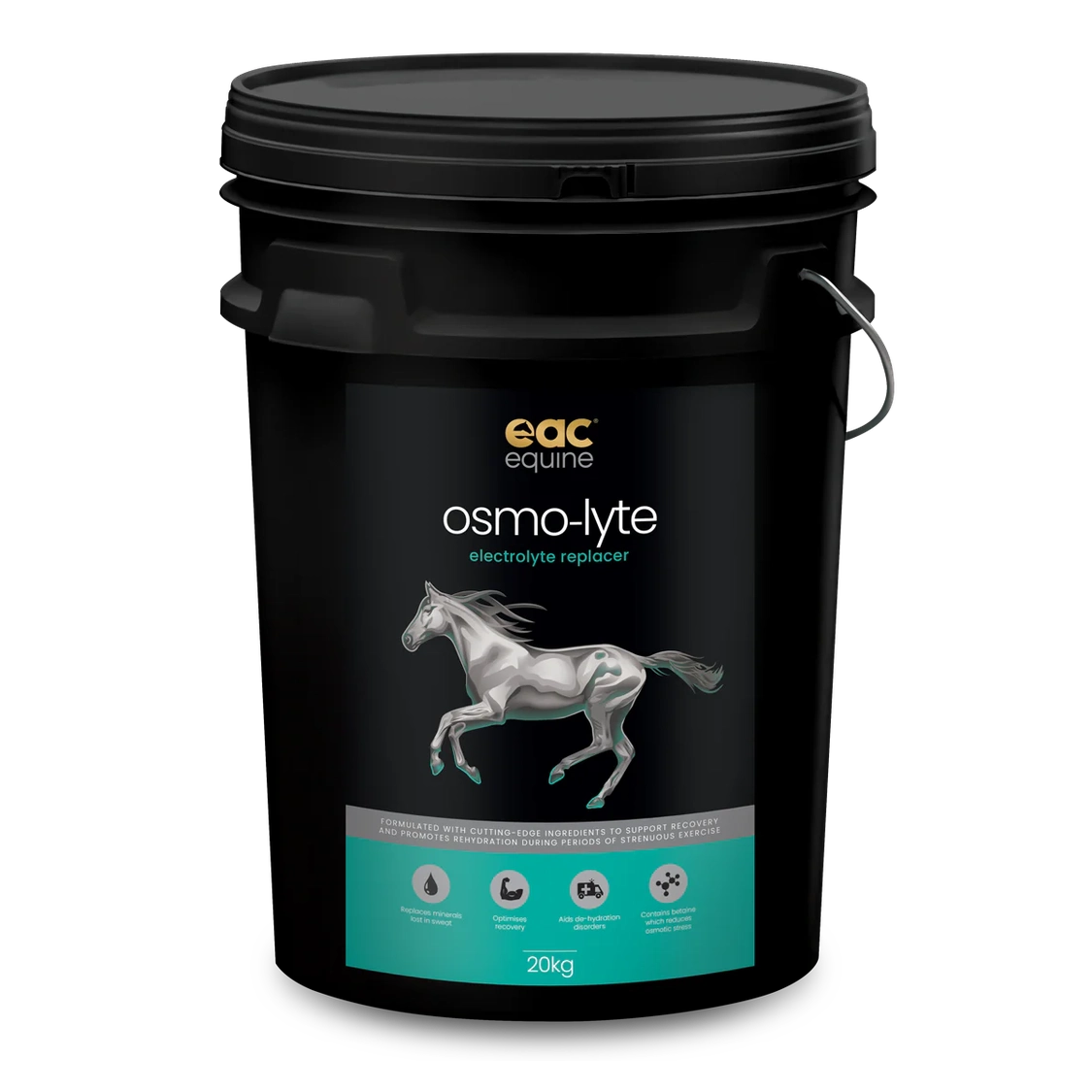 Black bucket labeled 'eac equine osmo-lyte' with a horse illustration on a white background