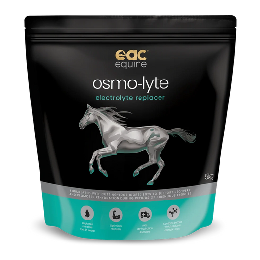 EAC Equine Osmo-Lyte electrolyte replacer packaging with a horse illustration on a black and teal background.