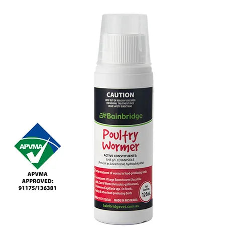 Bainbridge Poultry Wormer bottle with APVMA approval logo on a white background