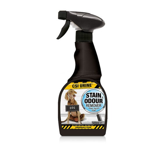 Spray bottle labeled 'Stain Odour Remover' for dogs on a white background
