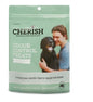 Pack of Cherish Odour Control Treats for dogs with a man holding a dog on a white background
