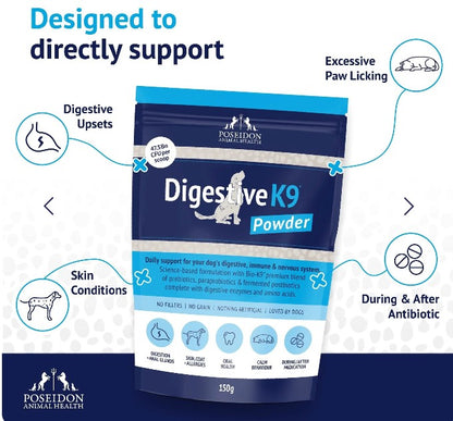 Digestive K9 Powder package with benefits listed on a white background