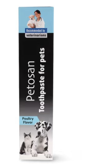 Petosan toothpaste for pets packaging with images of a dog, cat, and person holding a dog.