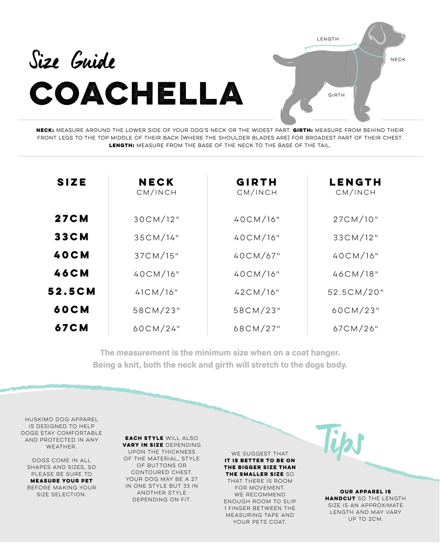 Coachella dog coat size guide with measurements and illustrations.