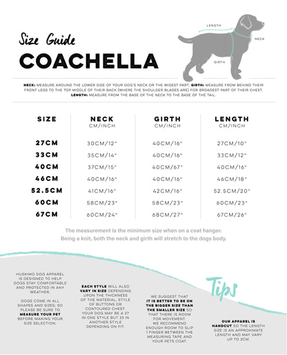 Coachella dog coat size guide with measurements and illustrations.