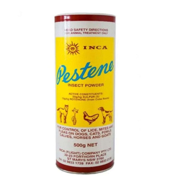 Can of Inca Pestene insect powder with yellow label and red top on white background