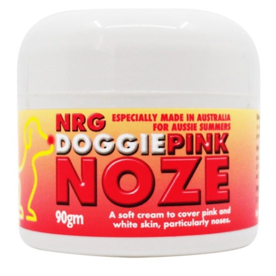 Jar of NRG Doggie Pink Noze cream with a colorful label on a white background
