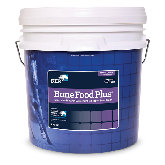Blue and white container of KER Bone Food Plus supplement