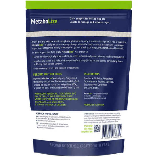 Back of a Metabolize supplement package for horses with text and branding.