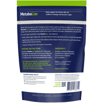 Back of a Metabolize supplement package for horses with text and branding.