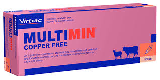 Box of Virbac Multimin Copper Free supplement with pink and blue design.