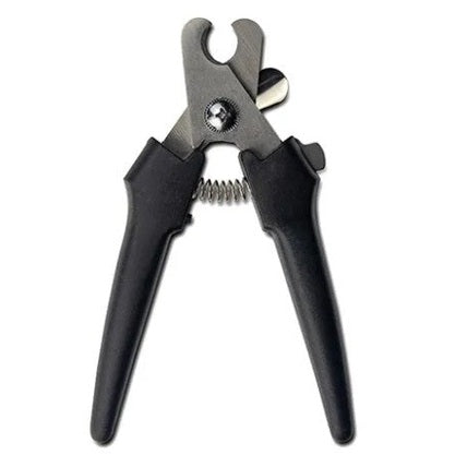 Black and silver pet nail clipper on a white background