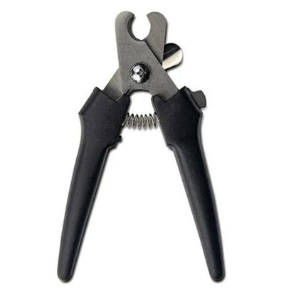 Black and silver pet nail clipper on a white background