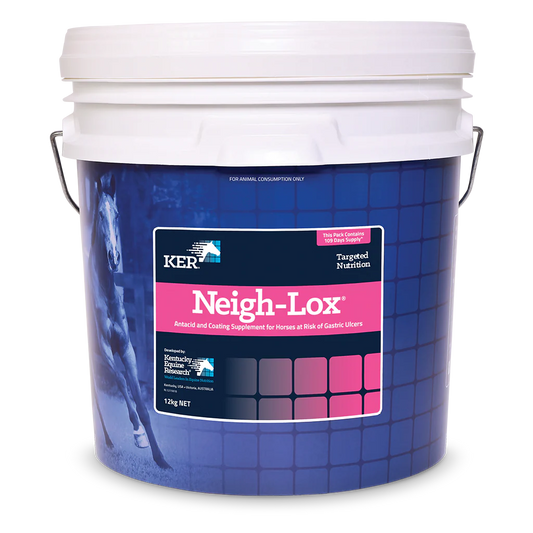 Bucket of Neigh-Lox supplement with KER branding on a white background
