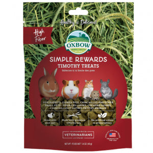 Oxbow Simple Rewards Timothy Treats packaging with images of small animals on a grass background