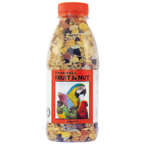 Bottle of Parrot Pellets Fruit & Nut mix with colorful parrot illustration on label