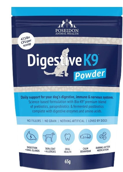 Poseidon Animal Health Digestive K9 Powder packaging on a white background
