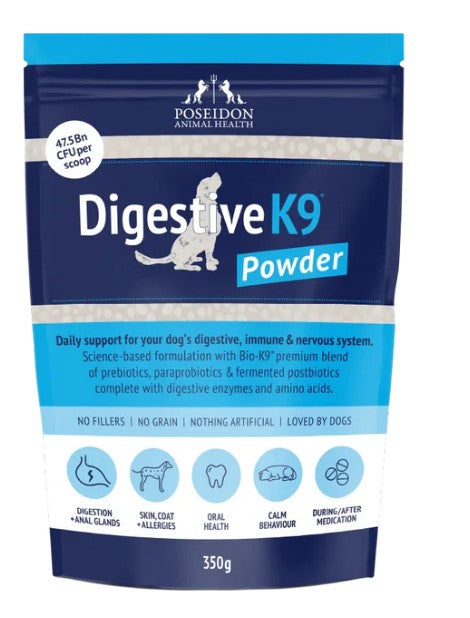 Package of Poseidon Animal Health Digestive K9 Powder on a white background