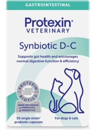 Protexin Veterinary Synbiotic D-C packaging for dogs and cats on a white background