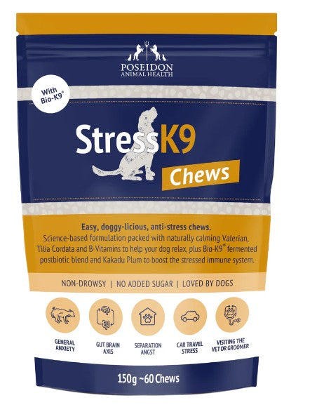 Package of StressK9 Chews for dogs by Poseidon Animal Health on a white background