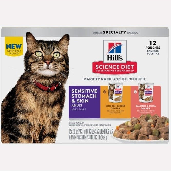 HILL'S SCIENCE DIET FELINE SENS SKIN & STOM 79G 12s POUCH CHICK/BEEF & SAL/TUNA