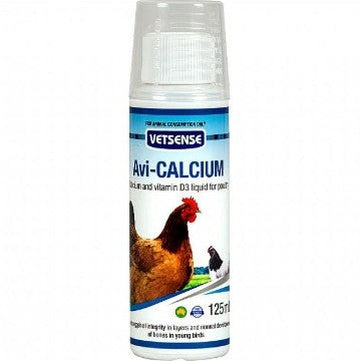 Vetsense Avi-Calcium supplement bottle for chickens on a white background