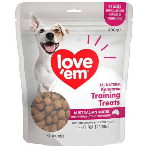 Package of love'em all natural kangaroo training treats for dogs 