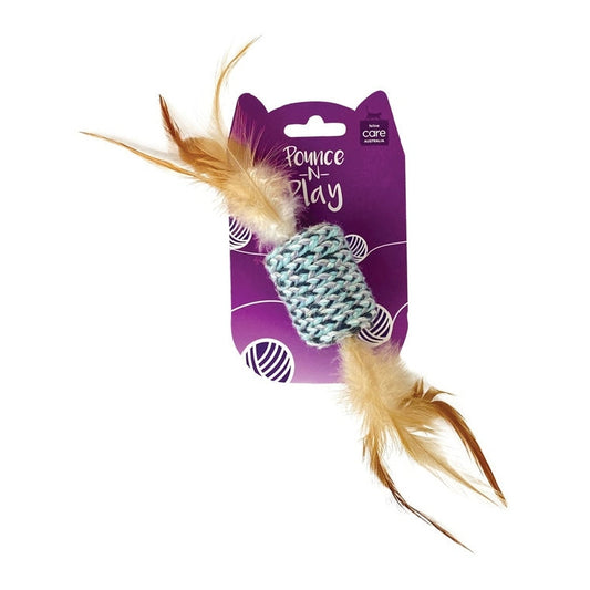 FELINE CARE CAT TOY WOOLEN DRUM W/FEATHERS